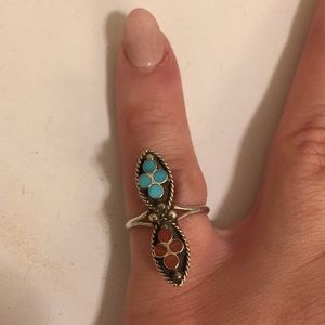 Native American Navajo turquoise + coral silver